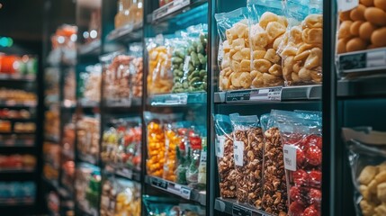 A display of colorful packaged snacks in a grocery store aisle.