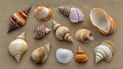 A collection of seashells of various shapes and sizes on a sandy beach, Illustrating the natural diversity found in nature, minimalist composition