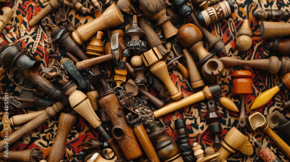 Poster a collection of various wooden objects arranged on a patterned surface.