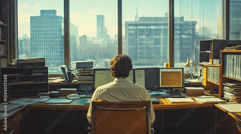 Poster a person working at a desk with a city skyline view, focused on multiple computer screens.