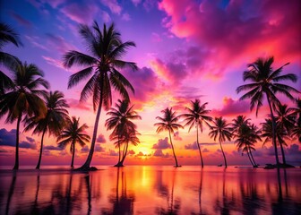 Surreal Pink Sunset Over Tropical Ocean Beach with Silhouetted Coconut Palm Trees Creating a Dreamy Atmosphere of Tranquility and Paradise at Dusk