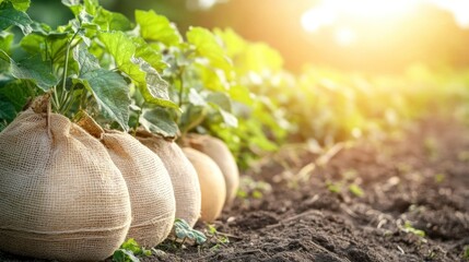 Freshly planted crops in burlap sacks on soil, illuminated by sunlight.