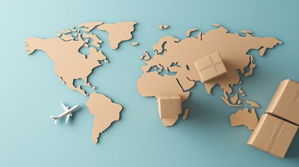 A cutout map of the world with cardboard boxes and a small airplane, symbolizing global shipping and logistics.