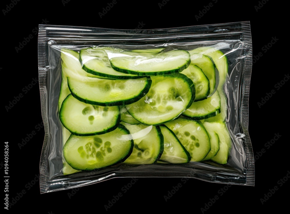 Poster a transparent package containing sliced cucumbers for fresh consumption.