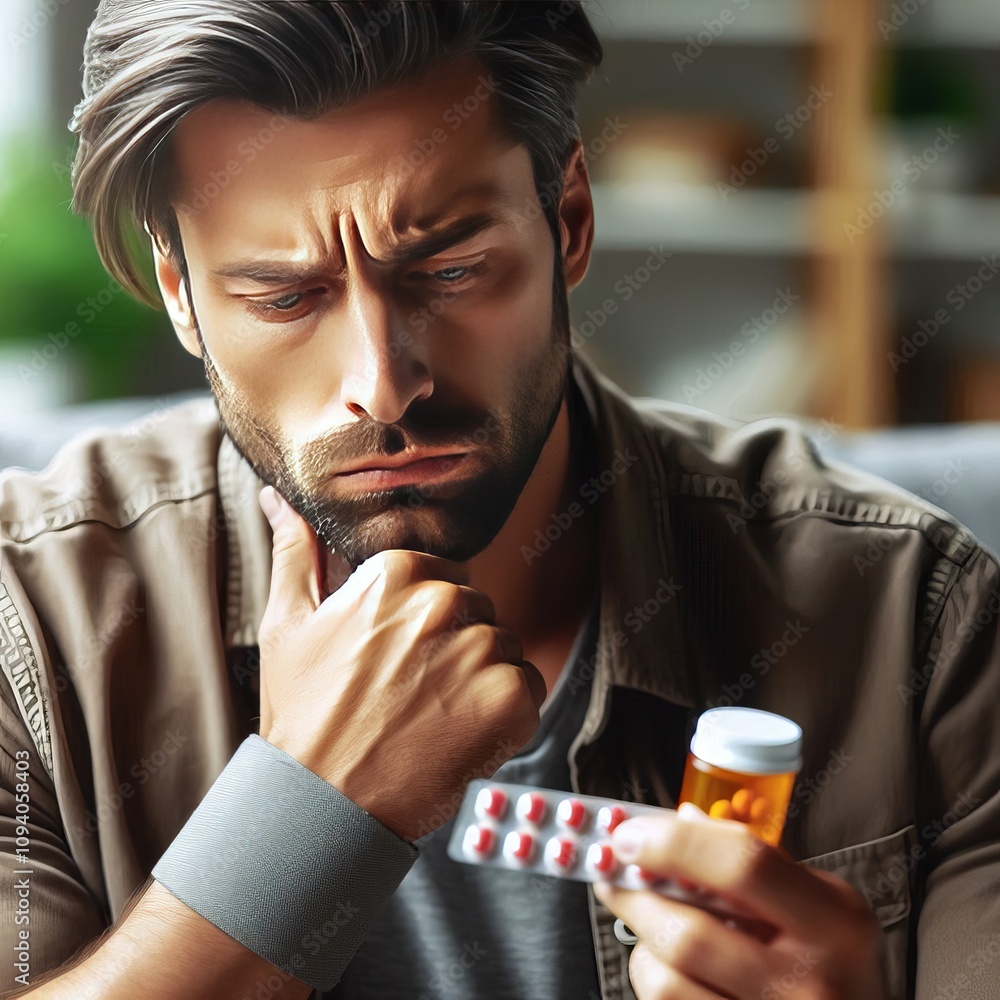Poster man taking medication with a responsible expression as if managi