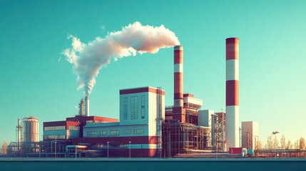 Obraz premium Industrial power plant with smokestacks emitting steam against a clear blue sky.