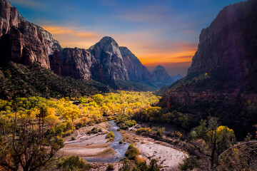  Zion National Park Landscape, Utah, sunset in the mountains,