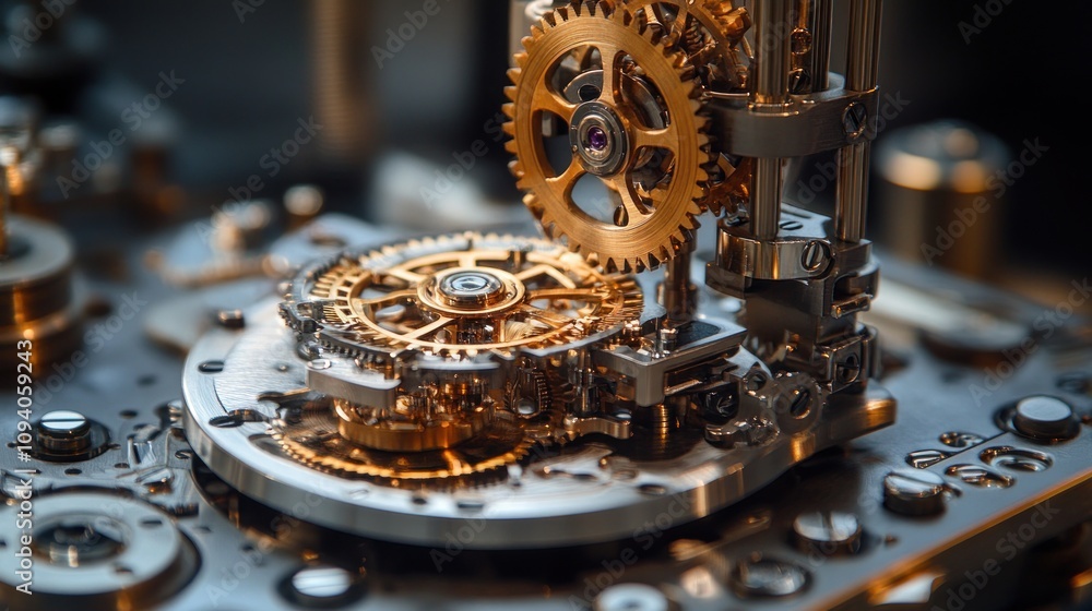 Poster close-up of intricate mechanical gears in a watch, showcasing precision engineering.