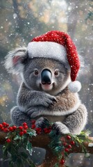 A charming koala donning a festive Father Christmas hat brings a delightful touch of cuteness to the holiday season, radiating warmth and joy against a cheerful backdrop. 
