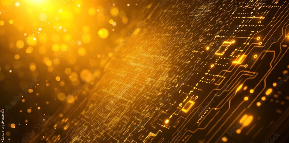 Poster abstract digital background with glowing circuits and particles in golden hues.