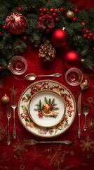 An elegant overhead view of a beautifully arranged luxury Christmas dinner plate, featuring gourmet dishes, festive decorations, and sparkling table settings that capture the essence of a holiday 