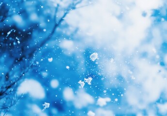 Dreamy Snowfall in Winter Wonderland with Soft Blue Background and Gentle Flurries, Capturing the Essence of a Magical Snowy Scene and Tranquil Atmosphere