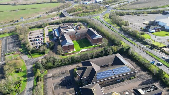 Downtown Buildings at Central Coventry City Centre of England United Kingdom. March 30th, 2024. Drone's Camera Footage Was Captured During Bright Sunny Day From Medium High Altitude.