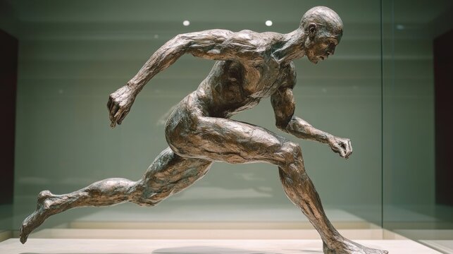 A dynamic bronze sculpture of a runner in mid-stride, showcasing athleticism and motion.