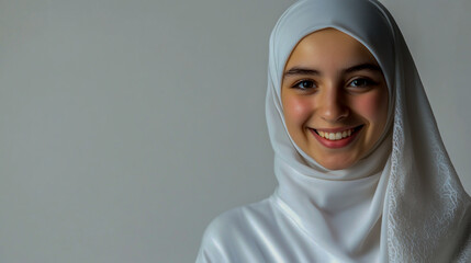 Naklejka premium Portrait of a cheerful young Muslim woman in a white hijab, set against a plain white background