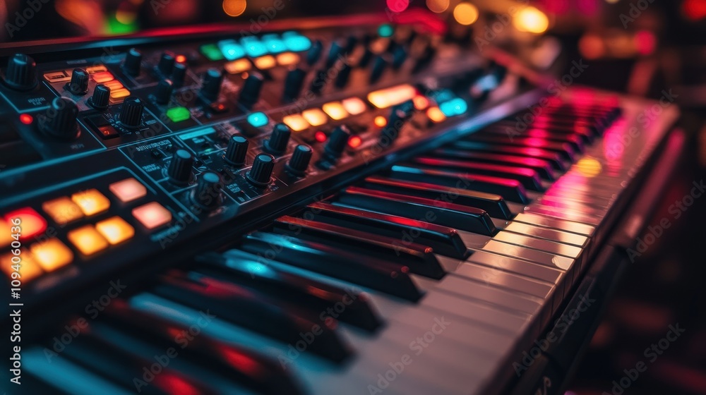 Poster a close-up of a synthesizer keyboard with colorful lights and buttons.