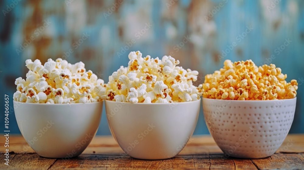 Poster three bowls of popcorn in various styles on a wooden table with a rustic background.