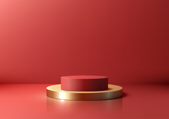 Luxury 3D Red Cylinder on Gold Base with Vibrant Red Backdrop for Premium Product Display, Showroom Showcase, and Modern Mockup Concepts