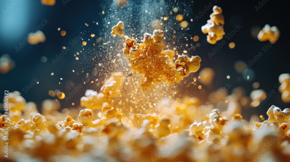 Poster a dynamic shot of popcorn exploding, capturing its texture and movement in a vibrant setting.