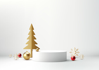 Festive Christmas Scene with 3D White Podium, Golden Tree, Red and Gold Ornaments, and Snowflakes for Product Display