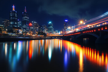 Skyline at night and Bridge.