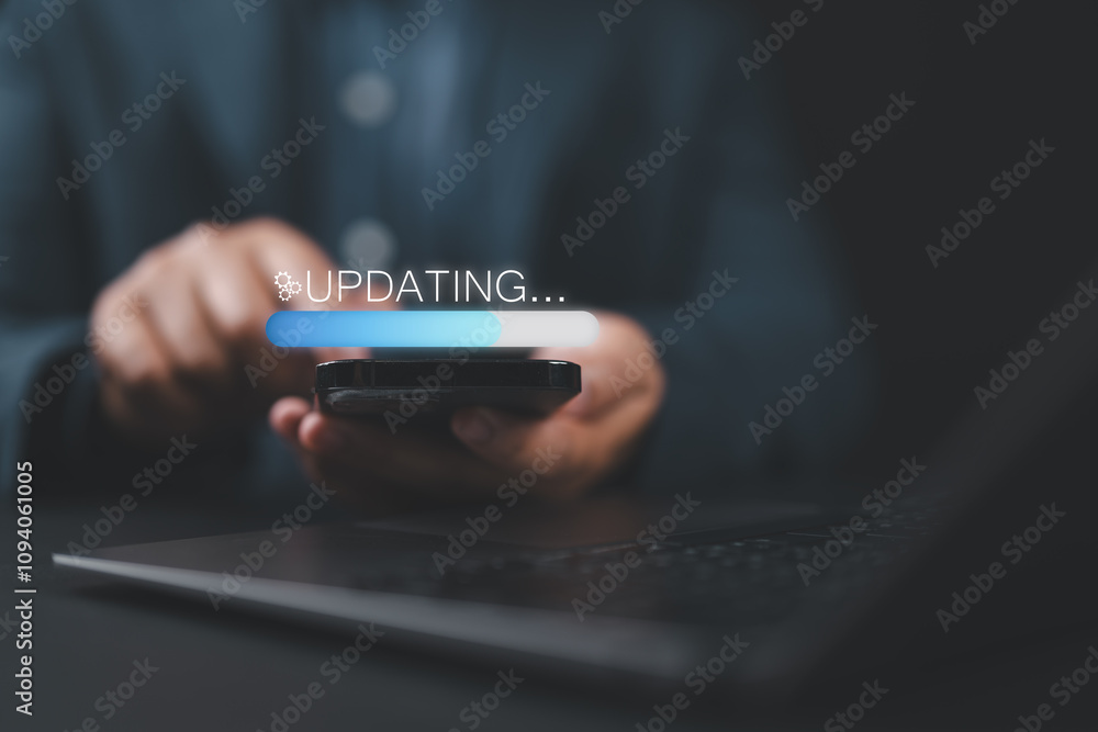 Poster Installing update process, improved functionality in the new version and operating system upgrade concept or improved security for software update.