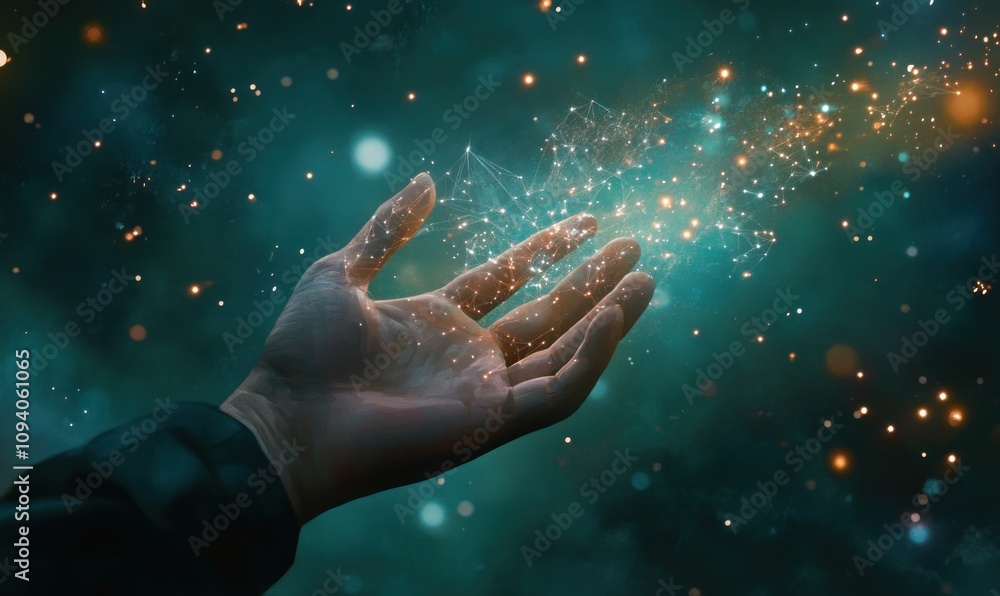 Poster a hand reaching out into a cosmic space filled with sparkling particles and light.