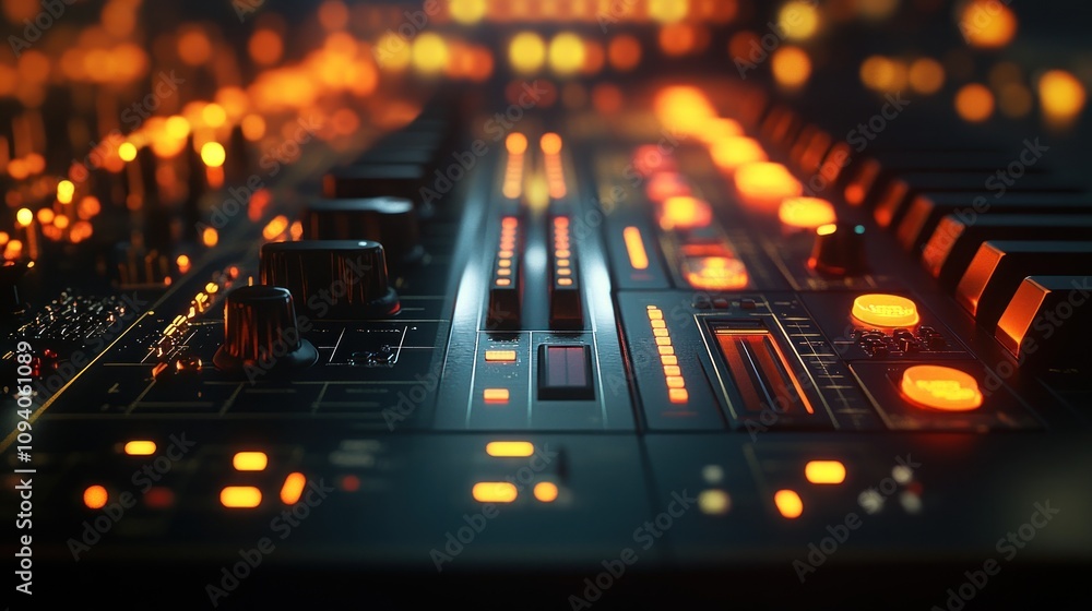 Poster close-up of a music production interface with glowing controls and sliders.