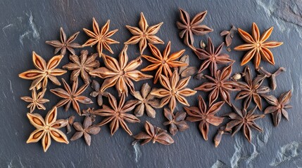 Fototapeta premium A variety of star anise pods arranged on a slate surface, showcasing their unique shapes.