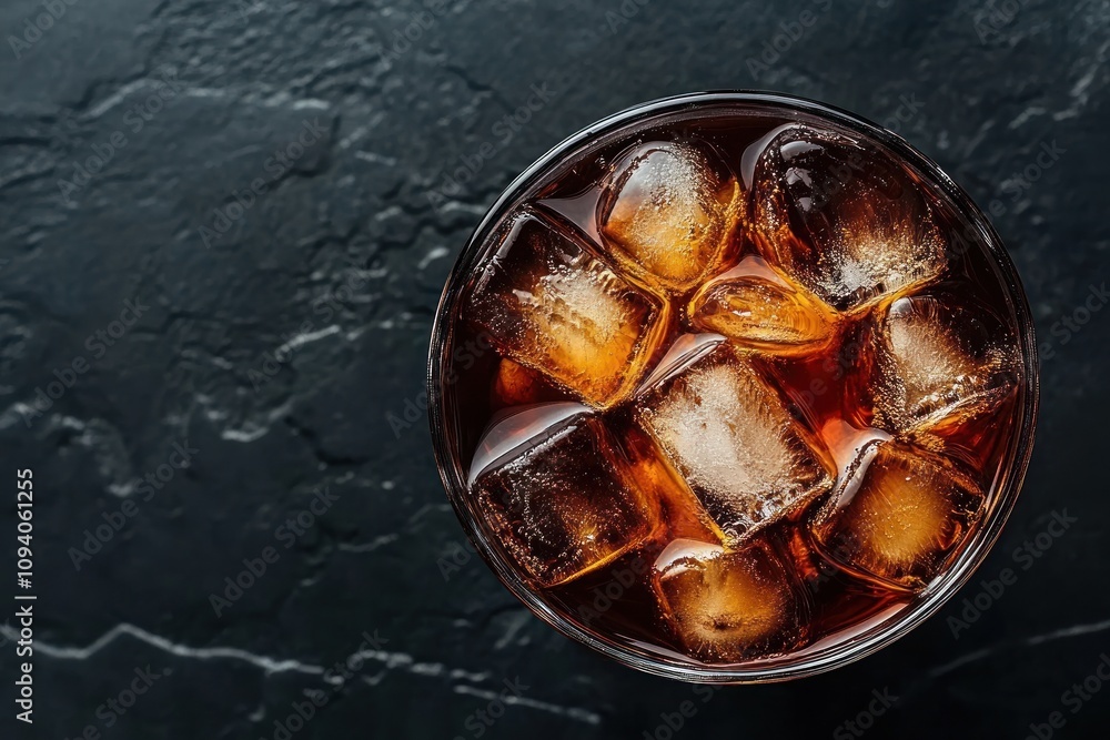 Poster a top-down view of a glass filled with dark liquid and ice cubes on a textured surface.