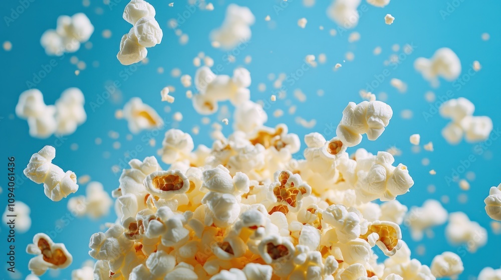 Poster a dynamic display of popcorn kernels bursting against a blue background.