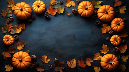 Autumn card featuring pumpkins and colorful leaves set against a dark background for Thanksgiving Day celebration