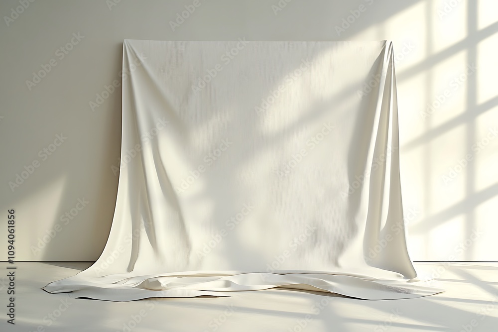 Poster a plain white fabric backdrop draped on a minimalistic setting, illuminated by soft natural light, c