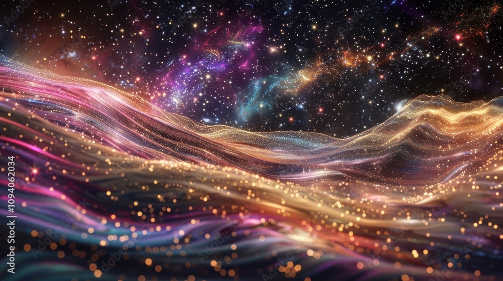Poster the gentle ebb and flow of cosmic waves leaving a trail of sparkling stardust as they travel through