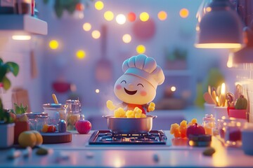 A cute cartoon chef happily frying tempura in a kitchen, with colorful ingredients around, with copyspace and a cheerful atmosphere. Bright, fun light. National Tempura Day. 