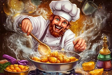 A cute cartoon chef happily frying tempura in a kitchen, with colorful ingredients around, with copyspace and a cheerful atmosphere. Bright, fun light. National Tempura Day. 