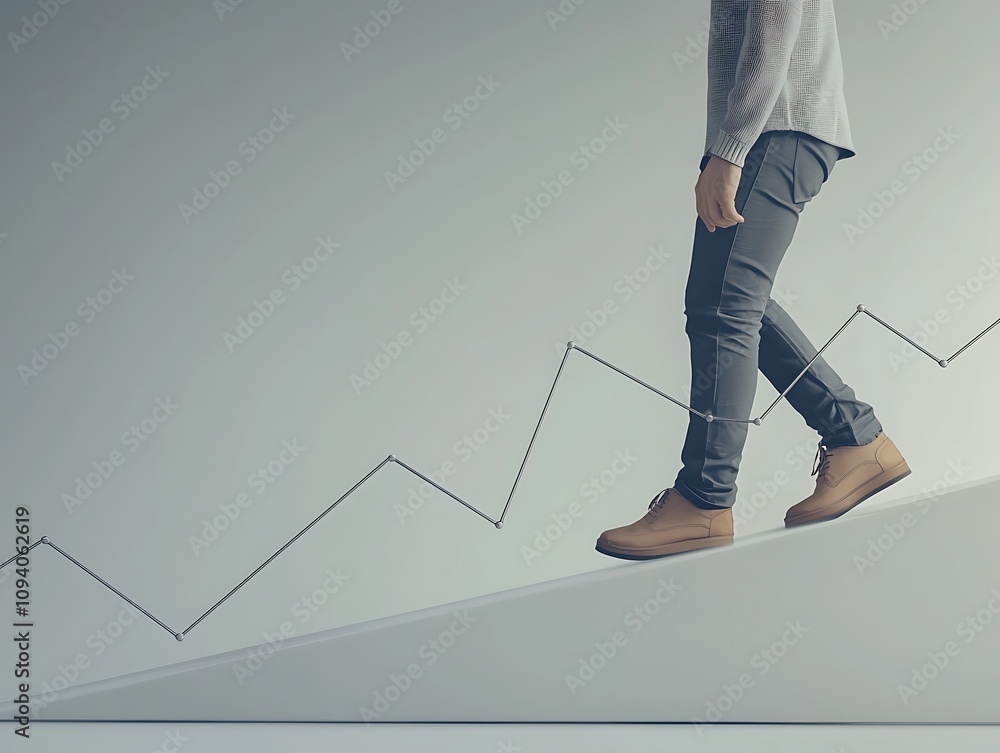 Poster a person walking up a sloped surface with a rising graph trend in the background, symbolizing progre