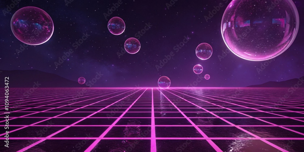 Poster digital dreams enveloped in a deep violet darkness a neon grid presents a hypnotic checkerboard patt
