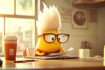 A charming cartoon character brainstorming ideas on a notepad, with doodles and coffee cups around, with copyspace and a creative workspace. Bright, cheerful light. National Screenwriters Day.