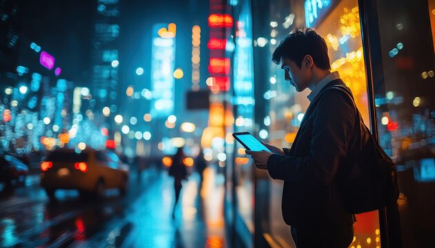 A corporate traveler . Man Using Tablet in Vibrant City Night Scene with Neon Lights, Featuring Man in Urban Nightlife and Man with Technology in Modern Cityscape