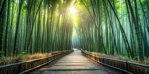 Fototapeta premium Serene Pathway Through a Lush Bamboo Forest Bathed in Sunlight