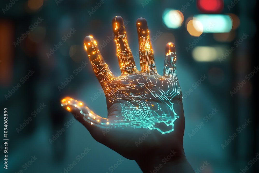 Poster a glowing hand appears illuminated with vibrant circuits, symbolizing technology and connectivity in