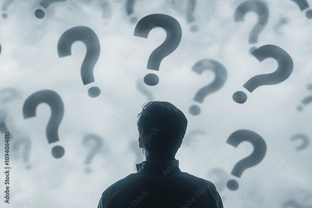 Poster a person stands in contemplation, surrounded by floating question marks, symbolizing uncertainty and