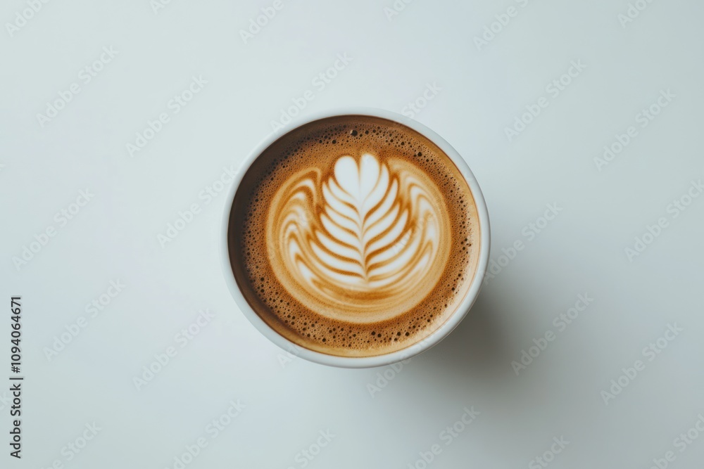 Poster a close-up of a latte with intricate foam art on a white background.