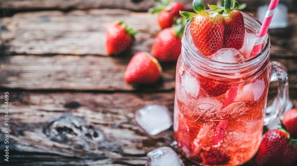 Poster a refreshing drink with strawberries and ice in a mason jar on a rustic wooden surface.
