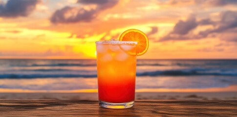 A vibrant cocktail at sunset, showcasing refreshing colors against a beach backdrop.