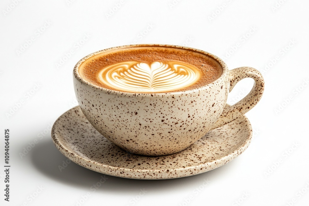 Poster a latte with intricate foam art in a speckled cup on a matching saucer.