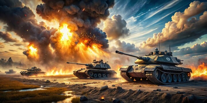 Tanks Advancing in Battle, Launching Missiles in a Scene of Total Destruction - 3D Animation Capturing the Intensity of War with Realistic Explosions and Military Strategy