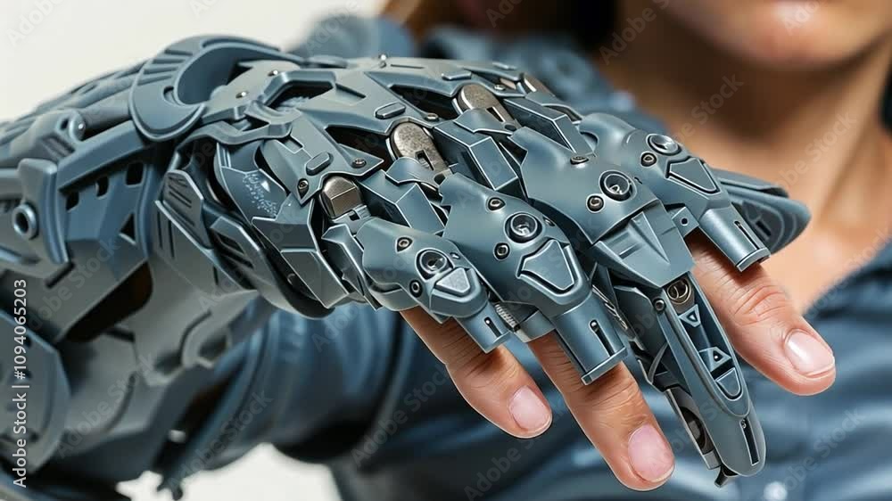 Poster A person demonstrates a highly detailed robotic prosthetic hand, showcasing its intricate design and functionality during a technology event aimed at promoting advancements in assistive devices.
