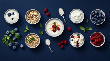 A vibrant arrangement of yogurt, berries, and granola in bowls on a dark background.